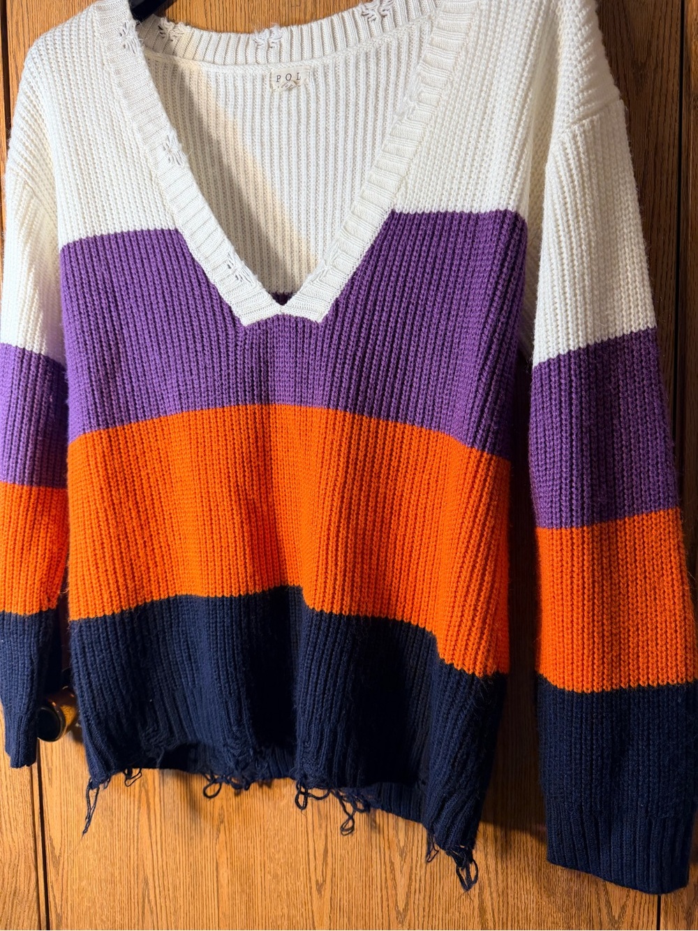 POL Distressed Halloween Colored V-Neck Sweater in Cream, Purple, Orange & Navy - Picture 2 of 5